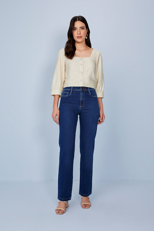 calça jeans reta cintura intermediária com cristais