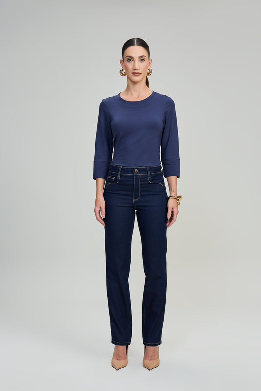 calça jeans reta cintura intermediária com cristais