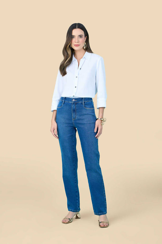 calça jeans malha reta cintura intermediária comelástico