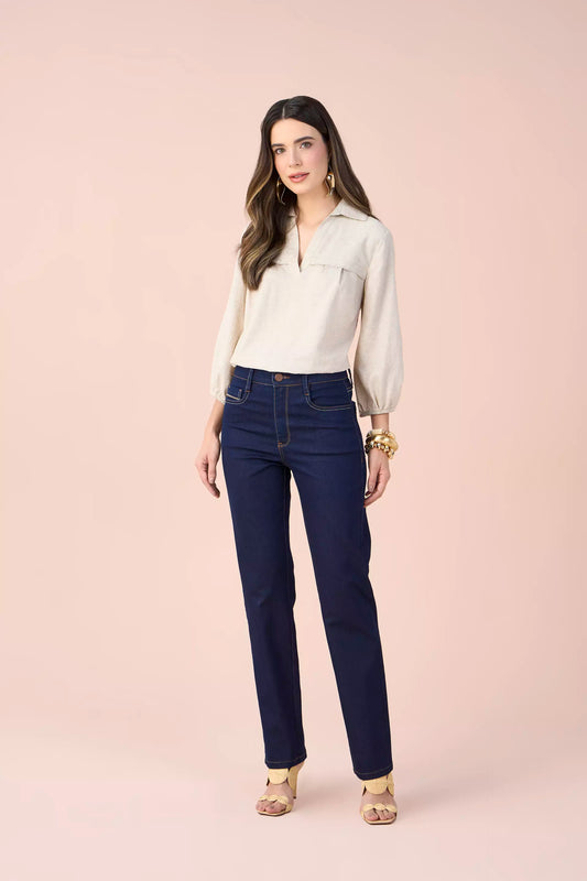 calça jeans reta cintura intermediária com bordados