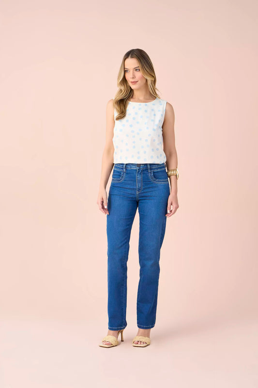 calça jeans reta cintura intermediária com bordado e cristais