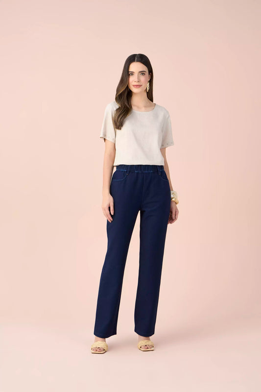 calça malha denim reta cintura intermediária cós elástico