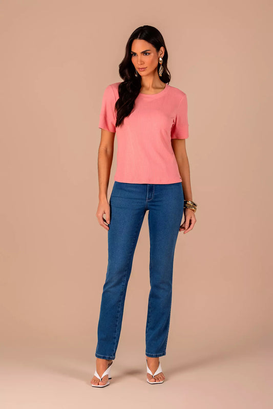 calça jeans malha reta cintura intermediária com elástico