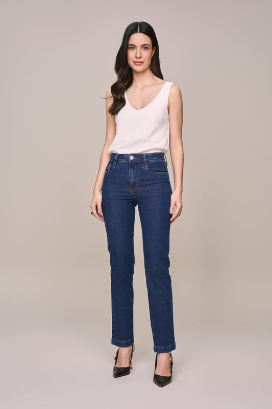 calça jeans reta cintura intermediária com pespontos largos