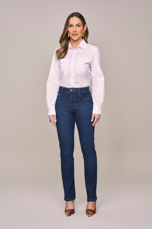calça jeans reta cintura intermediária com cristais