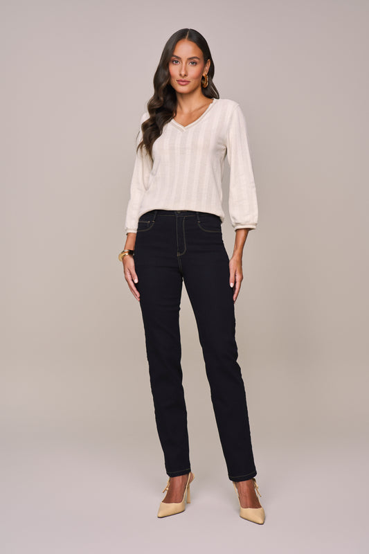 calça jeans black reta cintura intermediária com pespontos em contraste