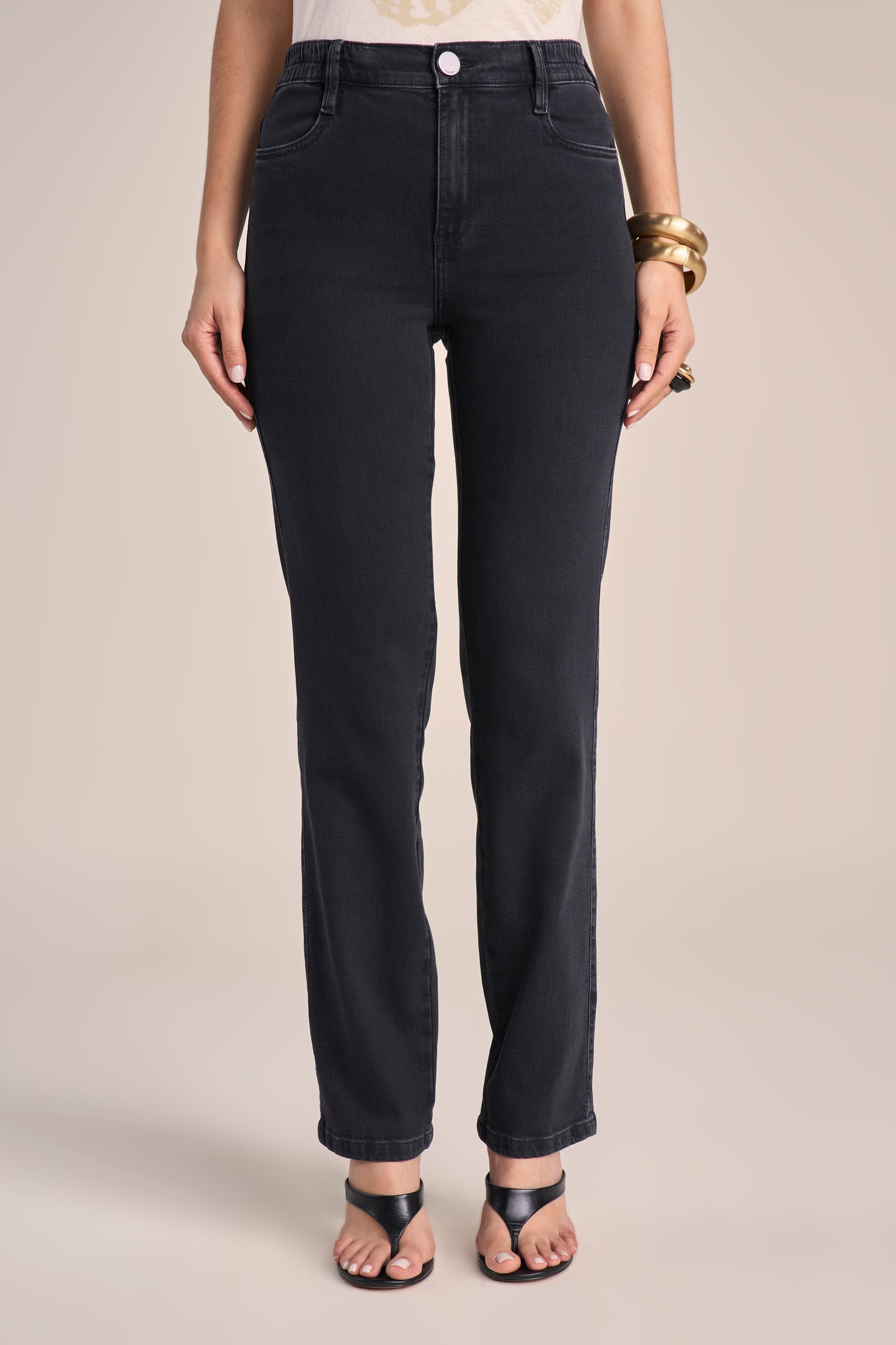Calça Jeans Black Reta Cintura Intermediária Cós de Elástico