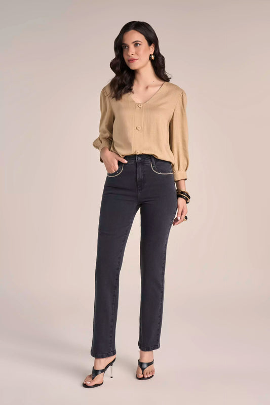 Calça Jeans Black Reta Cintura Intermediária com Bordado e Cristais