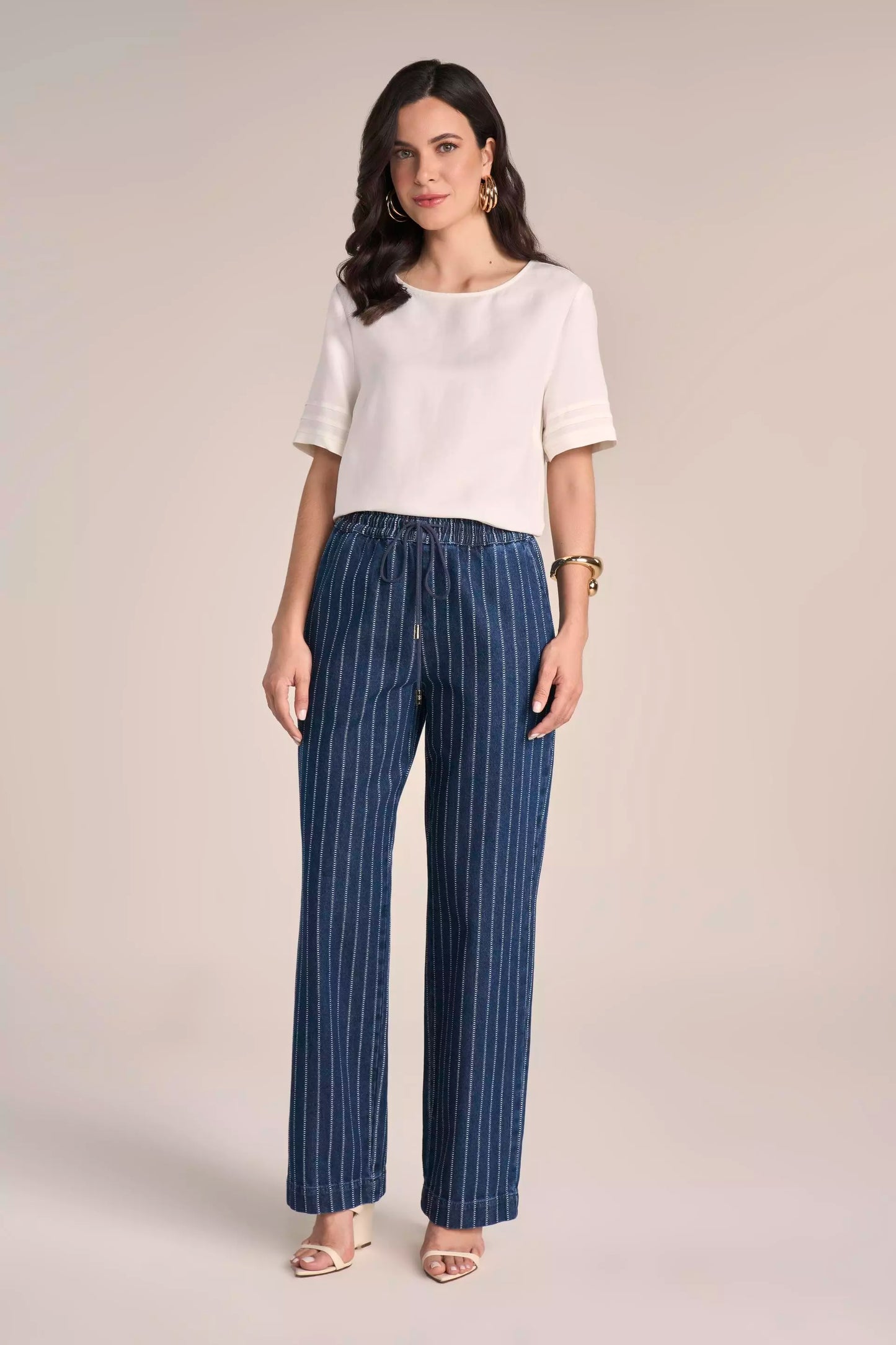 Calça Jeans Reta Cintura Intermediária Listrada Cós de Elástico