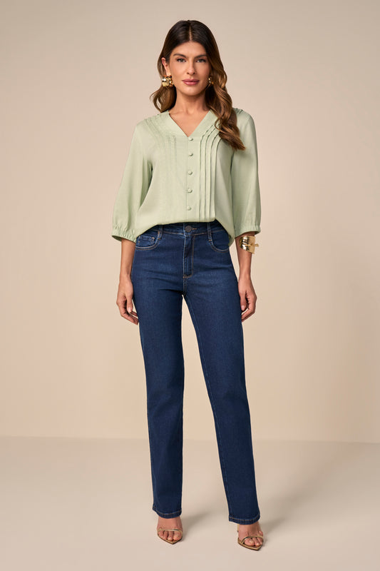 calça jeans reta cintura intermediária com cristais