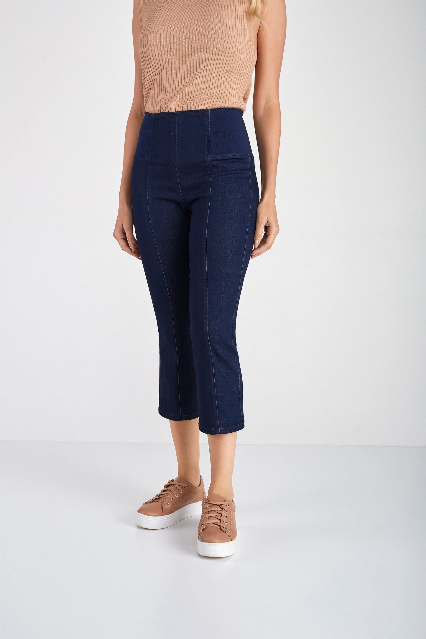 calça jeans cropped cós tricot duplo