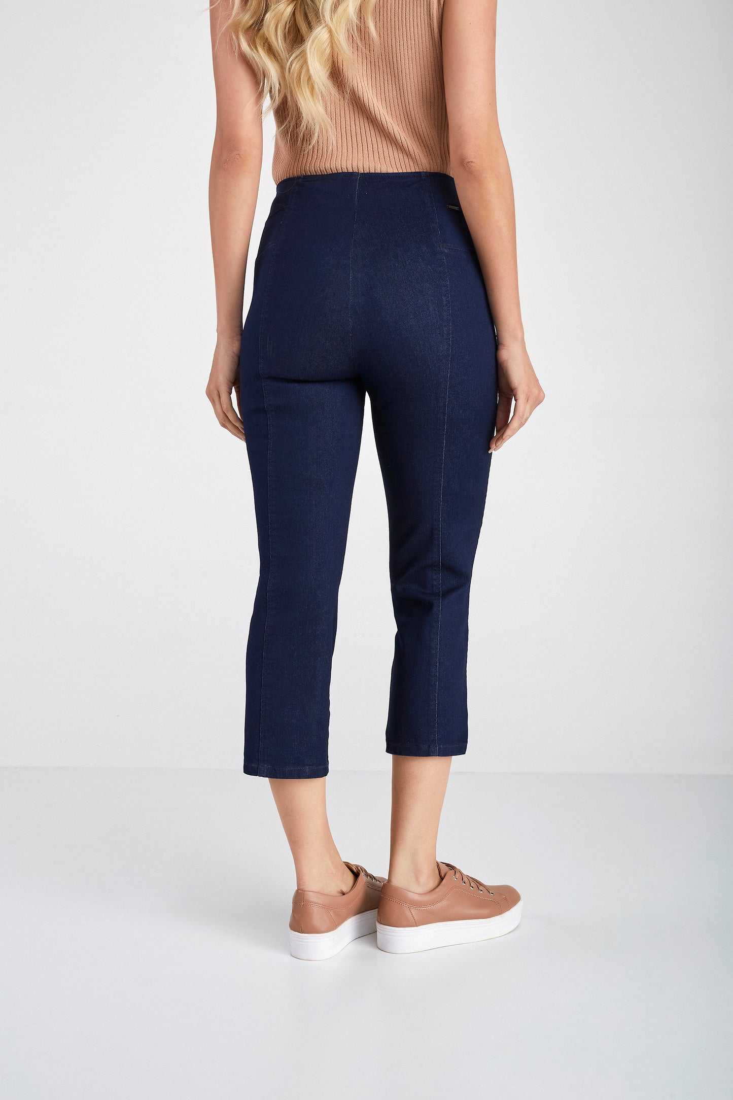 calça jeans cropped cós tricot duplo