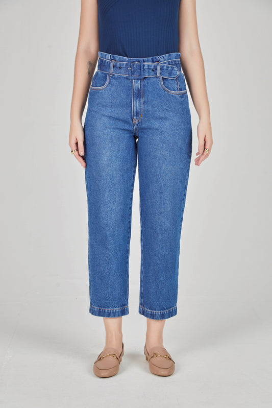 calça jeans pant cropped cintura intermediária clochárd com cinto