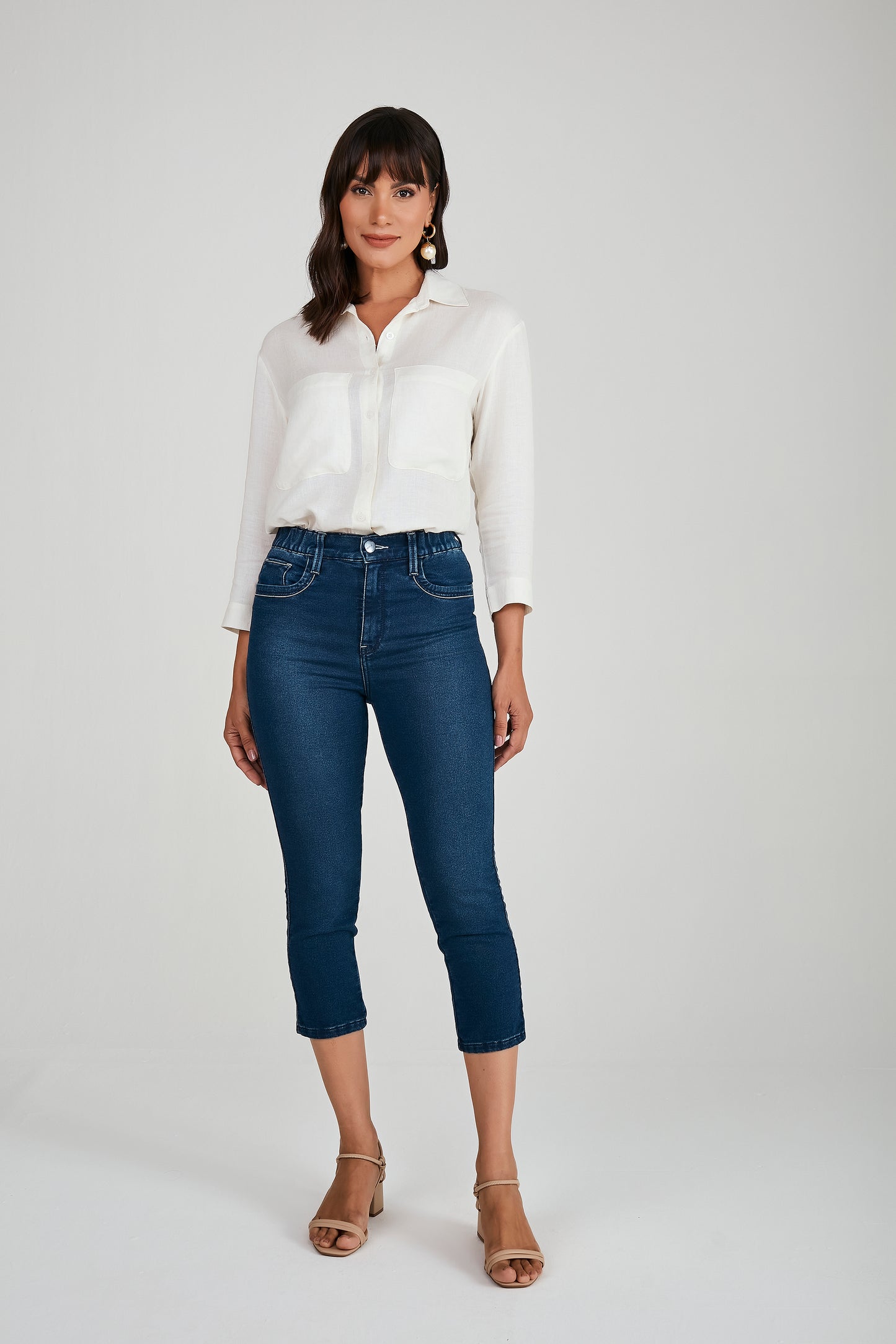 calça jeans malha cropped cintura intermediria com elástico