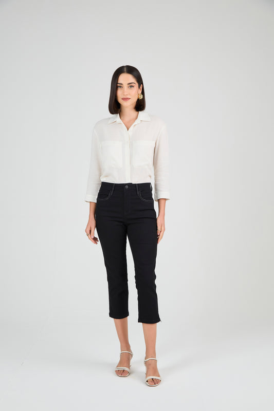 calça jeans black cropped cintura intermediária detalhes metalizado