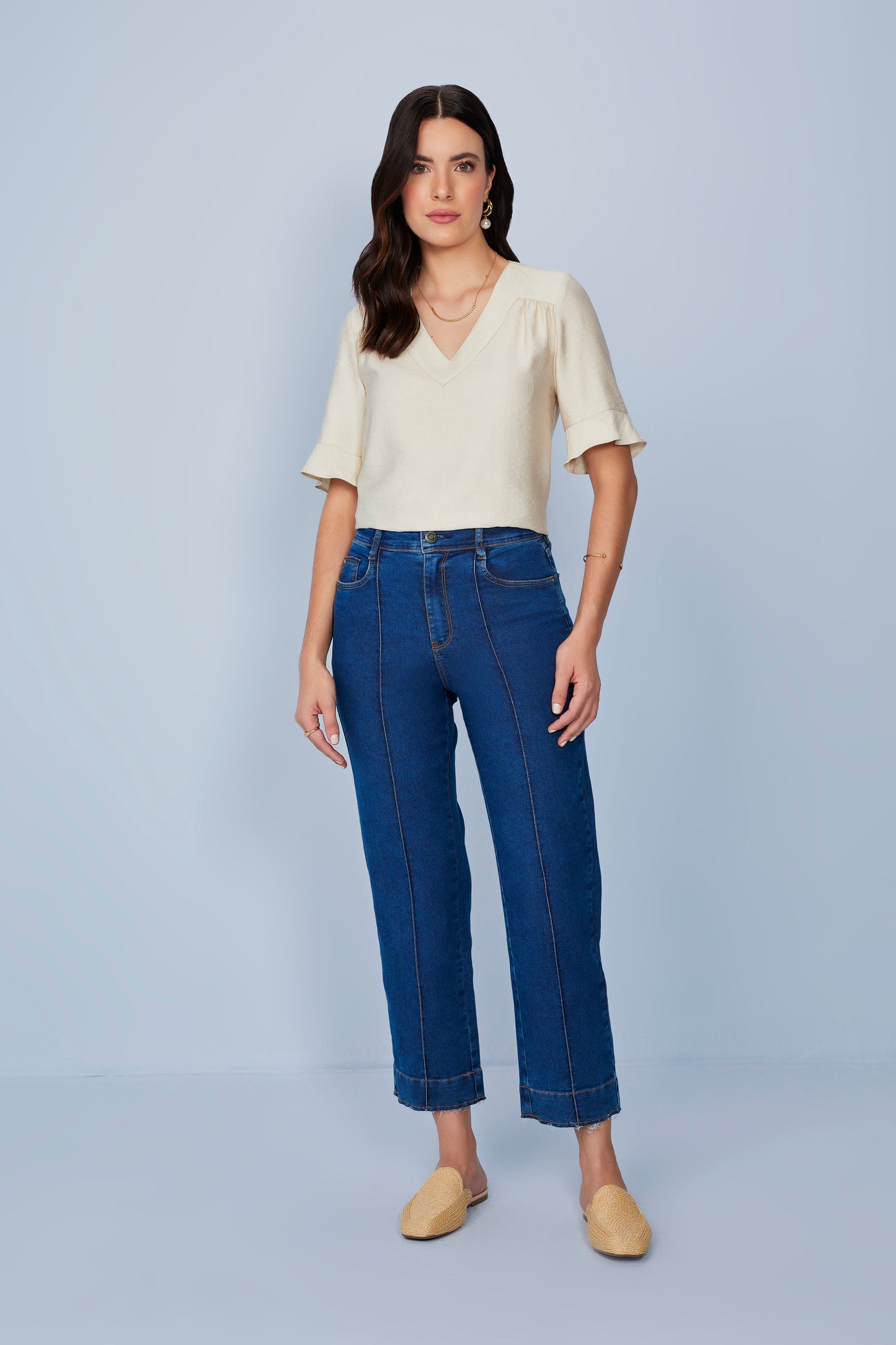 calça jeans pantcropped cintura intermediária com nervura