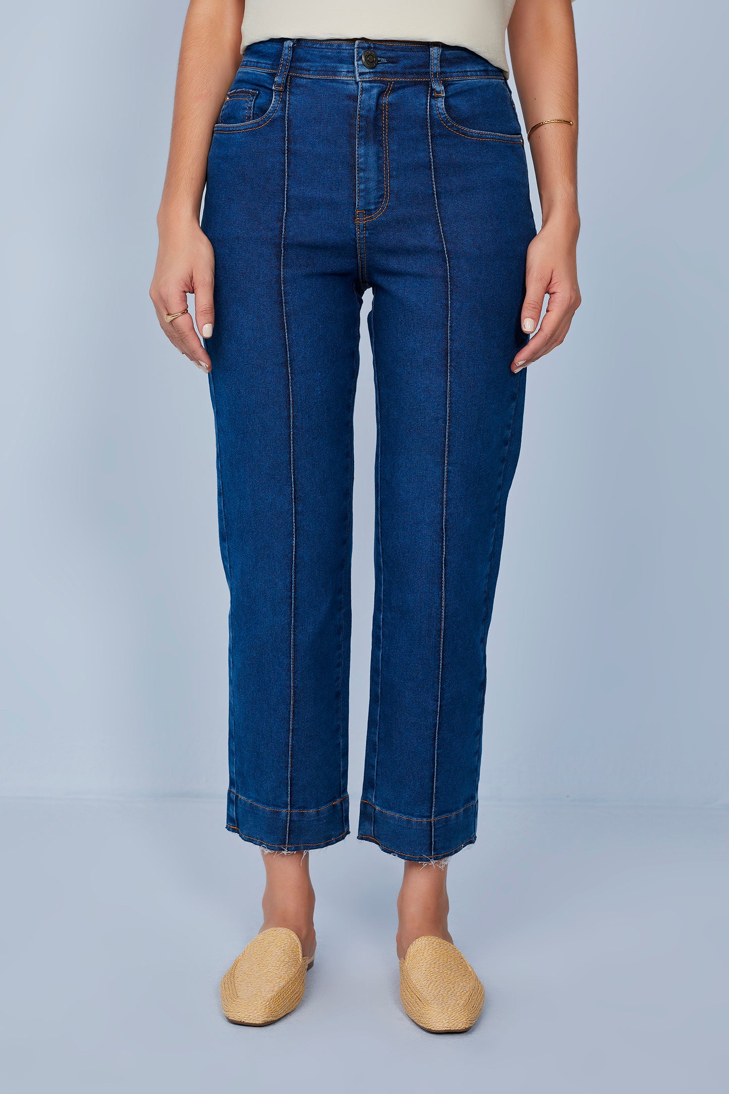 calça jeans pantcropped cintura intermediária com nervura