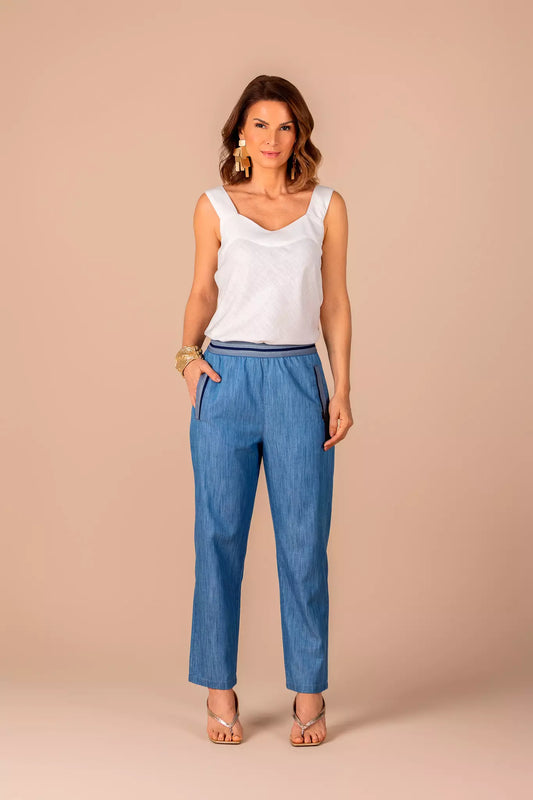 calça jeans pantcropped cintura intermediária com elástico