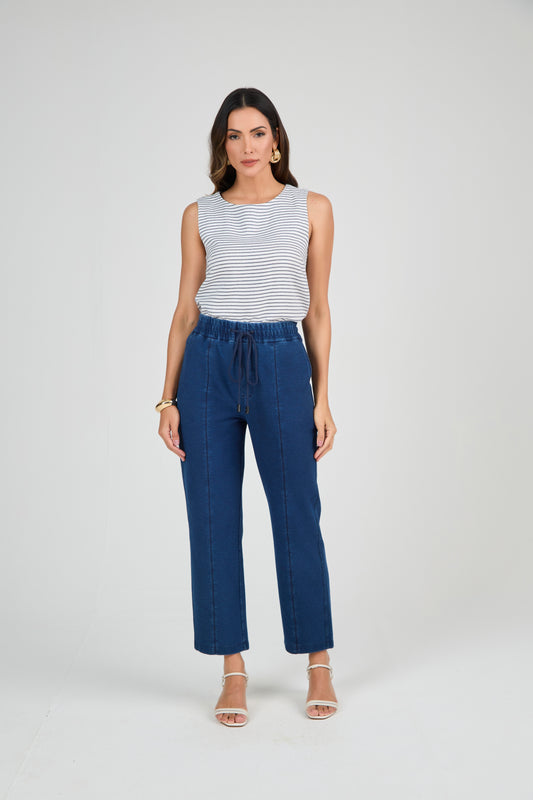 calça malha denim pant cropped cintura intermediária com recortes