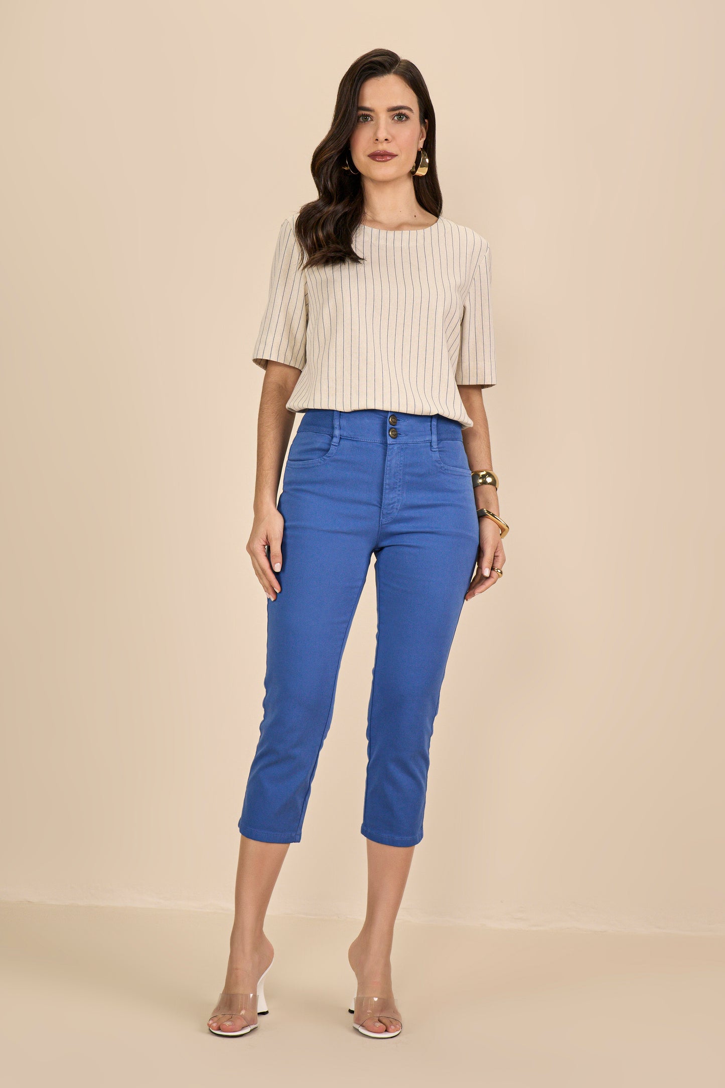 calça malha color cropped cintura intermediária cós de tricot