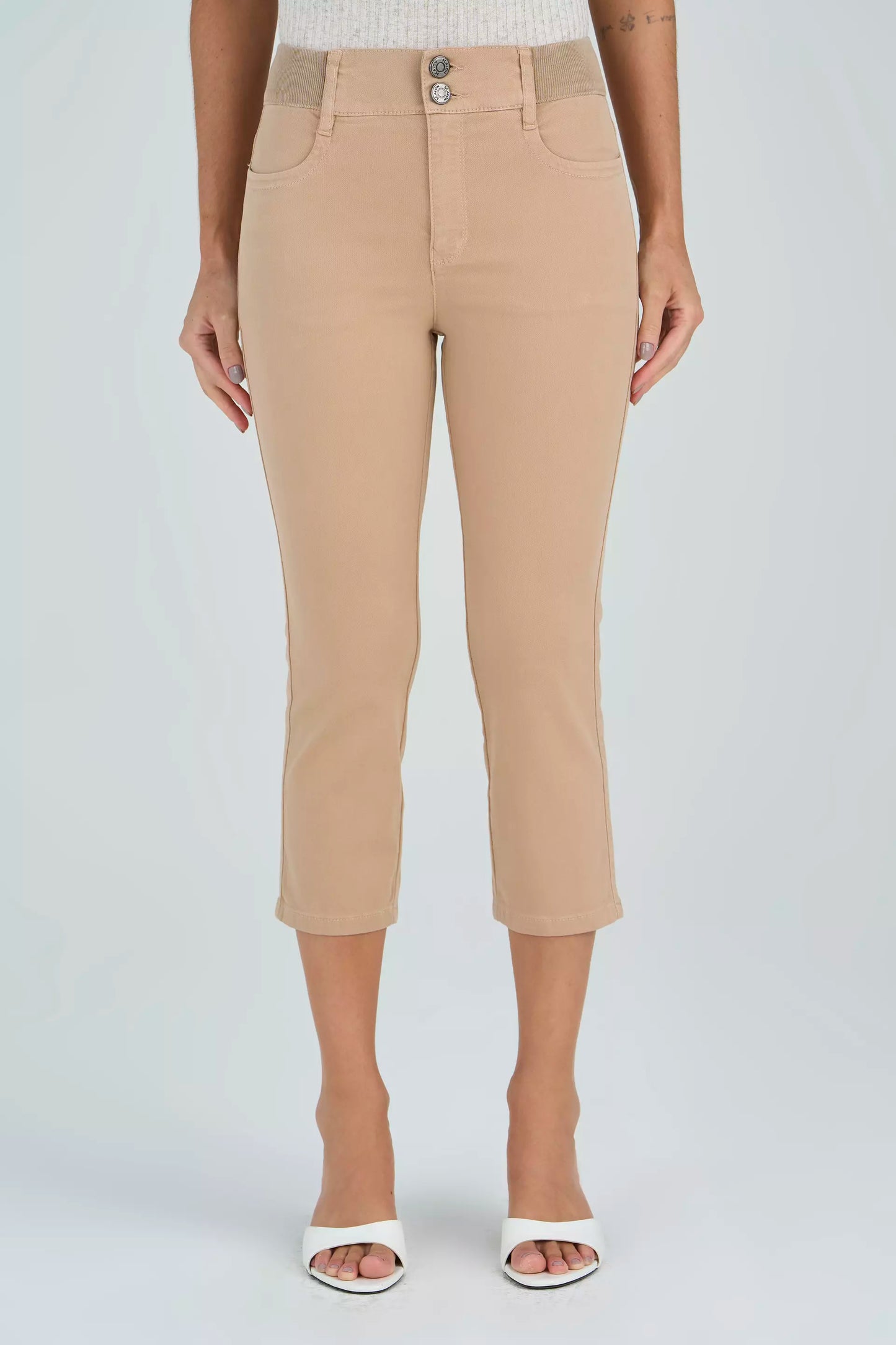 calça malha color cropped cintura intermediária cós de tricot