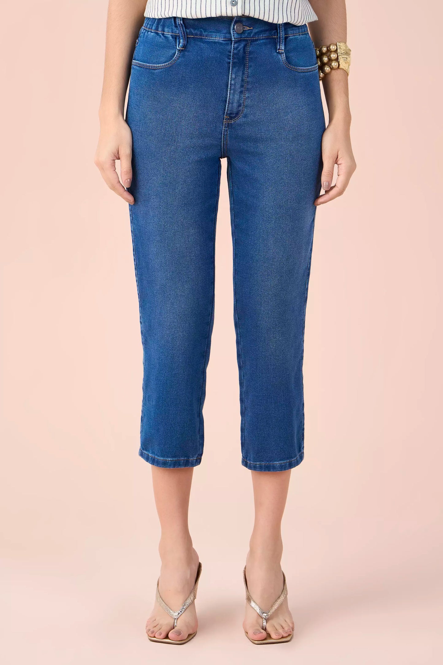 calça jeans malha cropped cintura intermediária comelástico