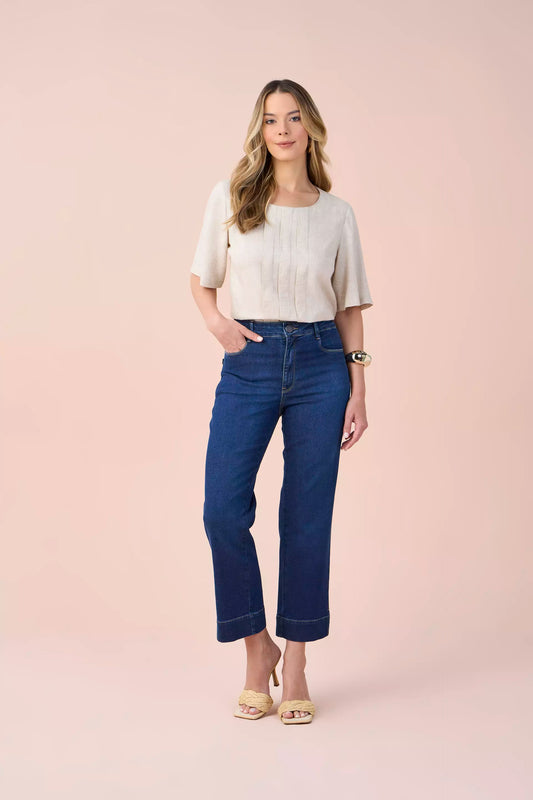 calça jeans pantcropped cintura intermediária com abertura