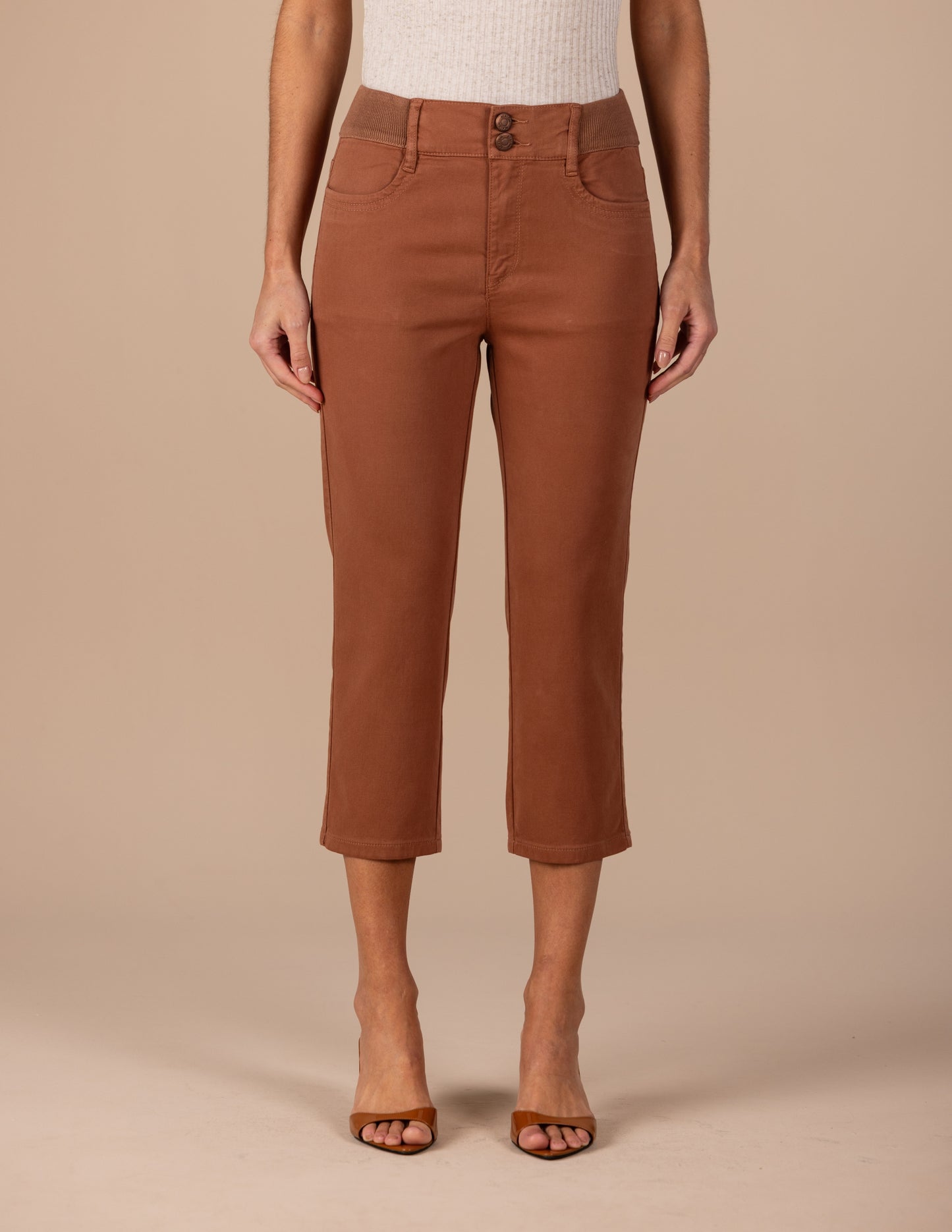 calça malha color cropped cintura intermediária cós de tricot