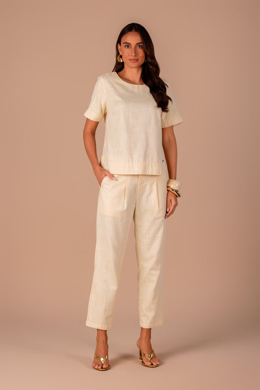 calça algodão pantcropped cintura intermediária cós de algodão