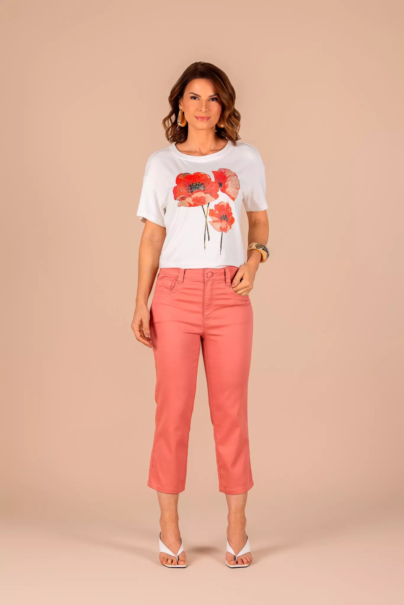 calça sarja color cropped cintura intermediária com pespontos