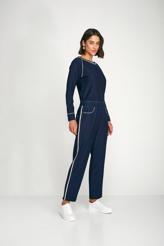 calça denim malha pant cropped cintura intermediária com tricot