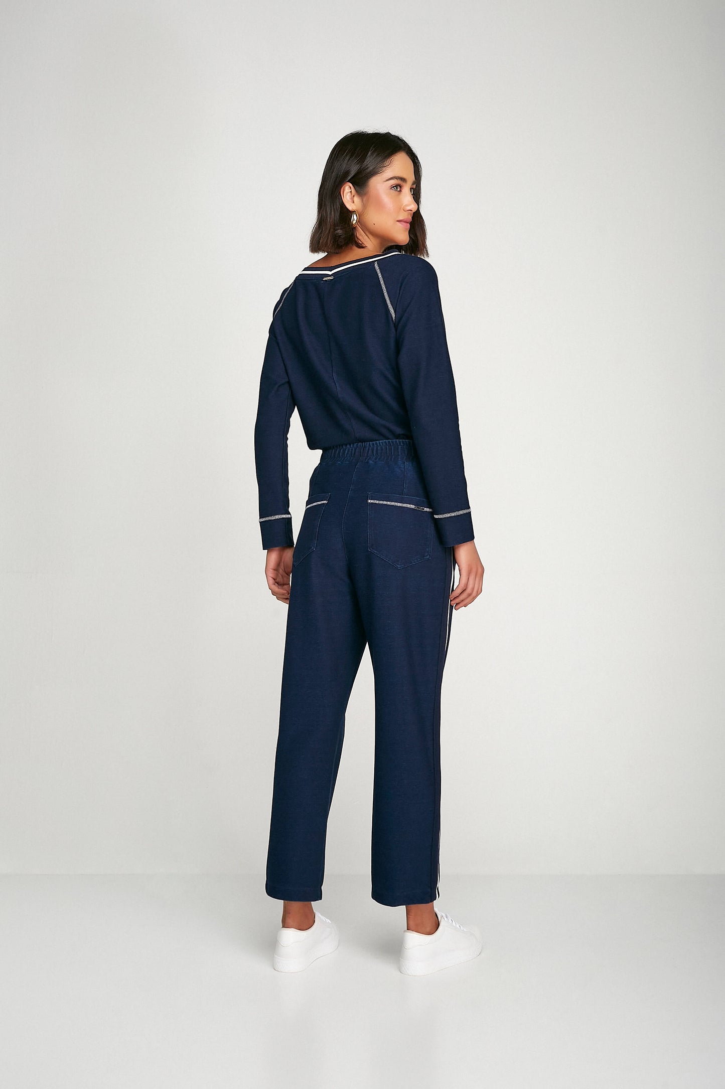 calça denim malha pant cropped cintura intermediária com tricot