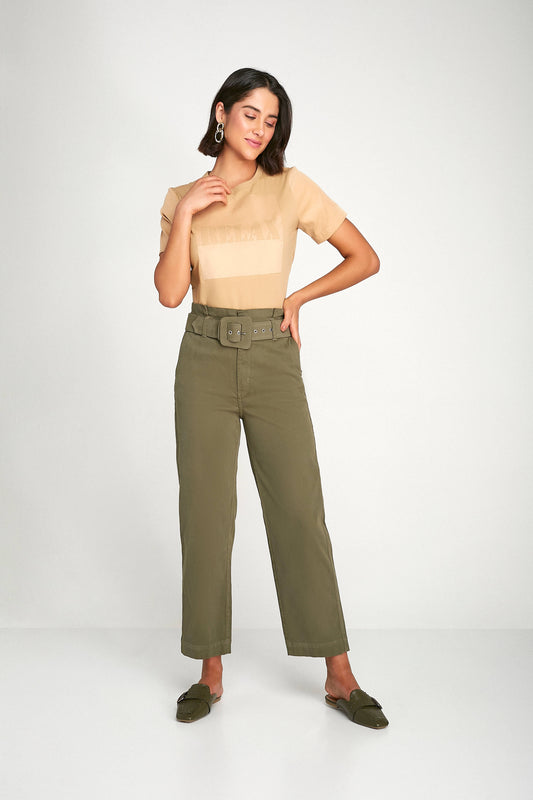 calça sarja pant cropped cintura alta em cotelê com cinto