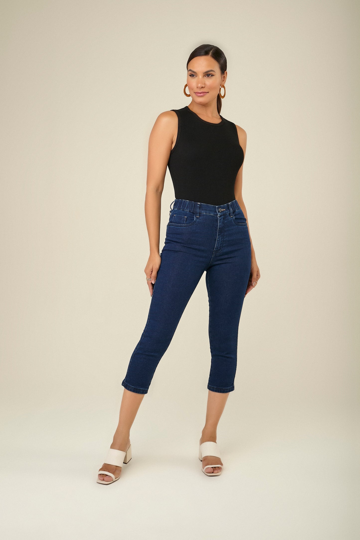 calça jeans malha cropped cós de elástico