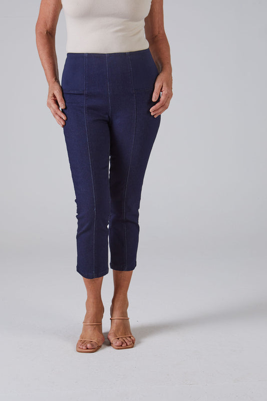 calça jeans cropped cintura intermediária cós tricot largo