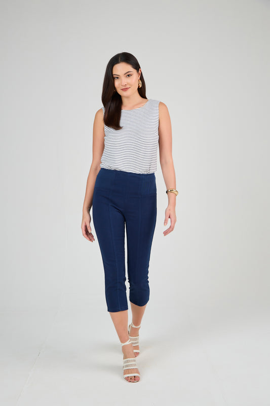 calça malha color cropped cintura intermediária cós de tricot largo