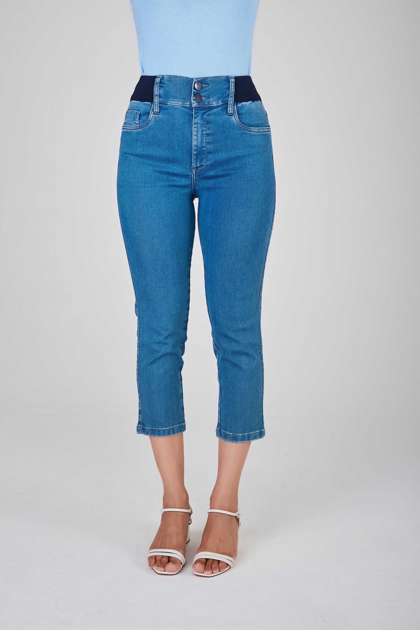 calça jeans cropped cintura intermediária cós de tricot