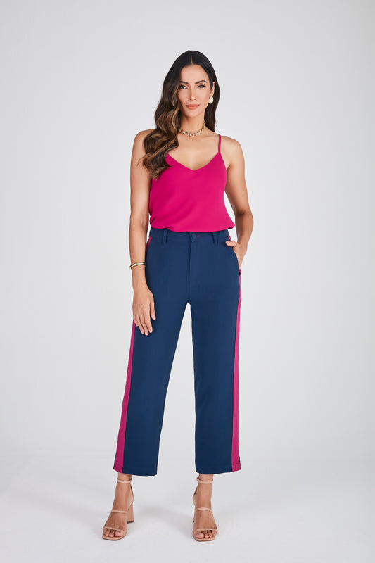 calça crepe pant cropped cintura intermediária com detalhe galão