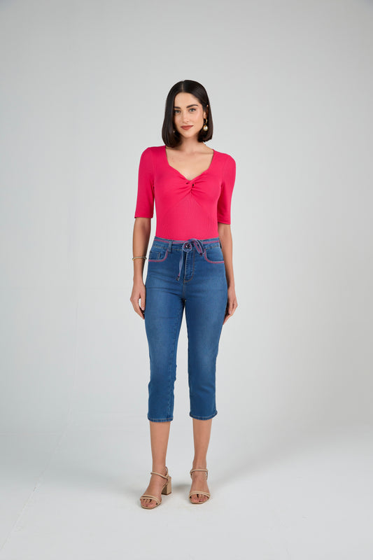 calça jeans malha cropped cintura intermediária com faixa