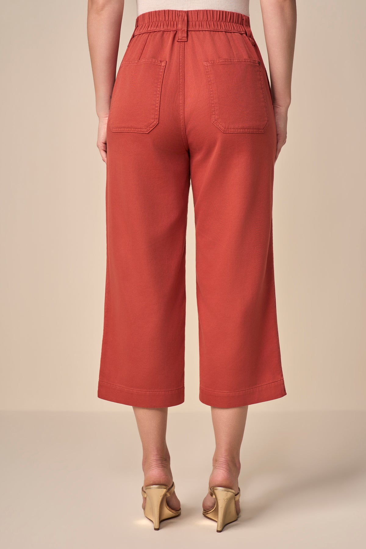 calça sarja color cropped cintura intermediária com detalhe tricot