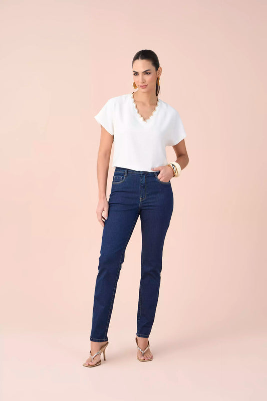 calça jeans skinny cintura intermediária com ponto picado