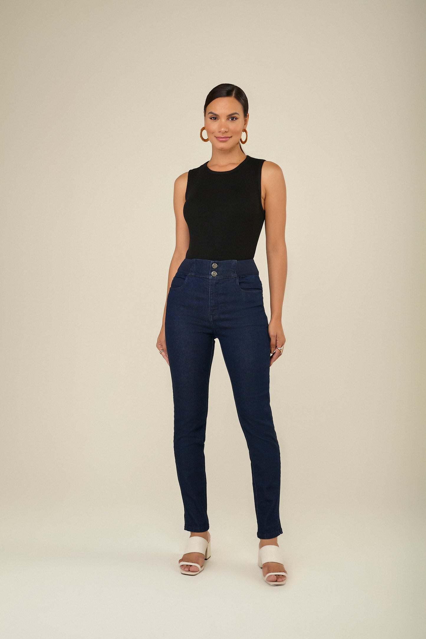 calça jeans skinny cintura intermediária cós tricot