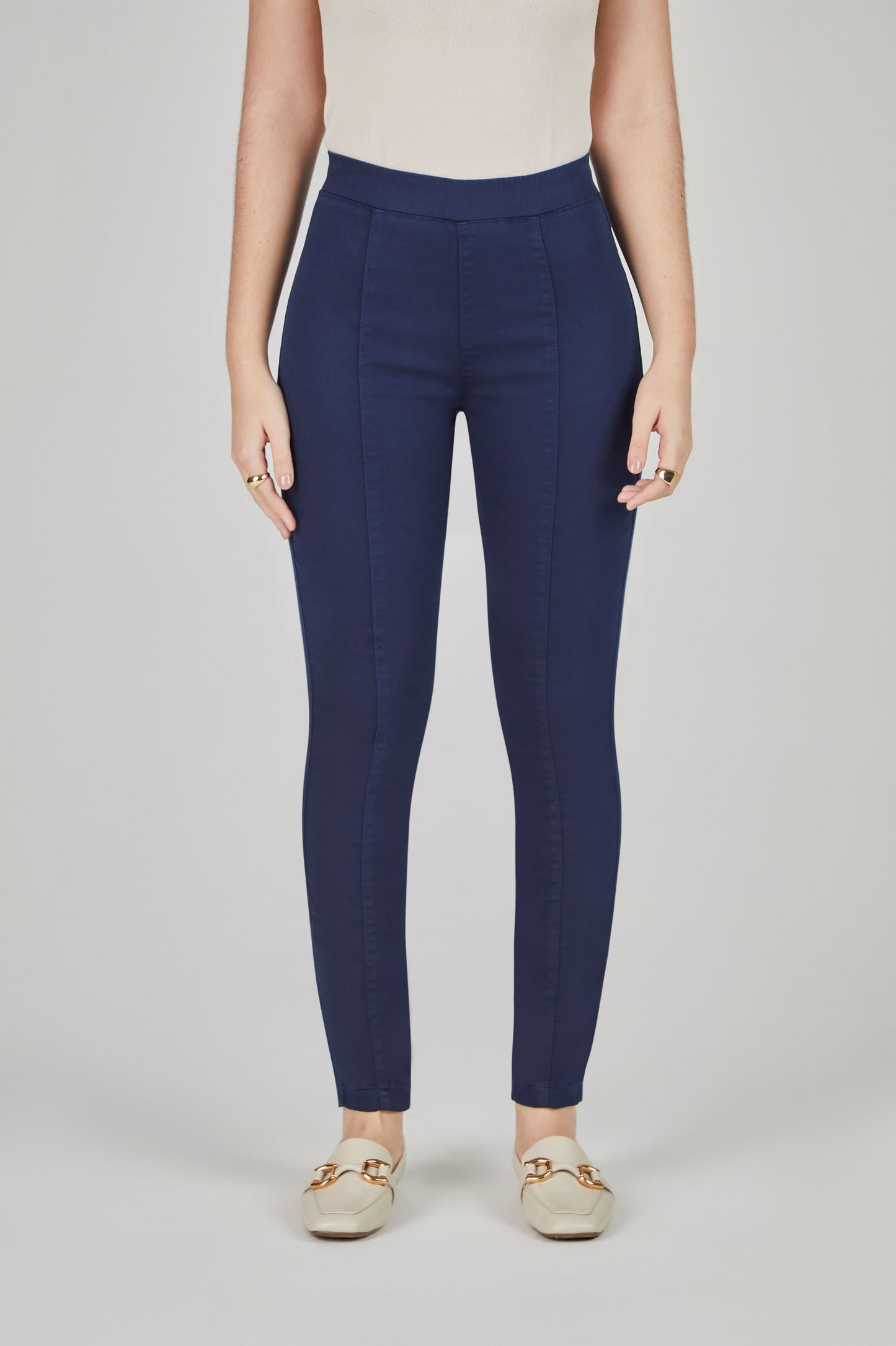 calça sarja color jegging cintura intermediária básica
