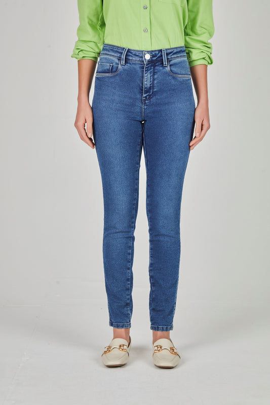 calça jeans malha skinny cintura intermediária com pespontos limão