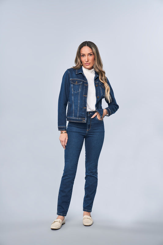 calça jeans malha skinny cintura intermediária com elástico