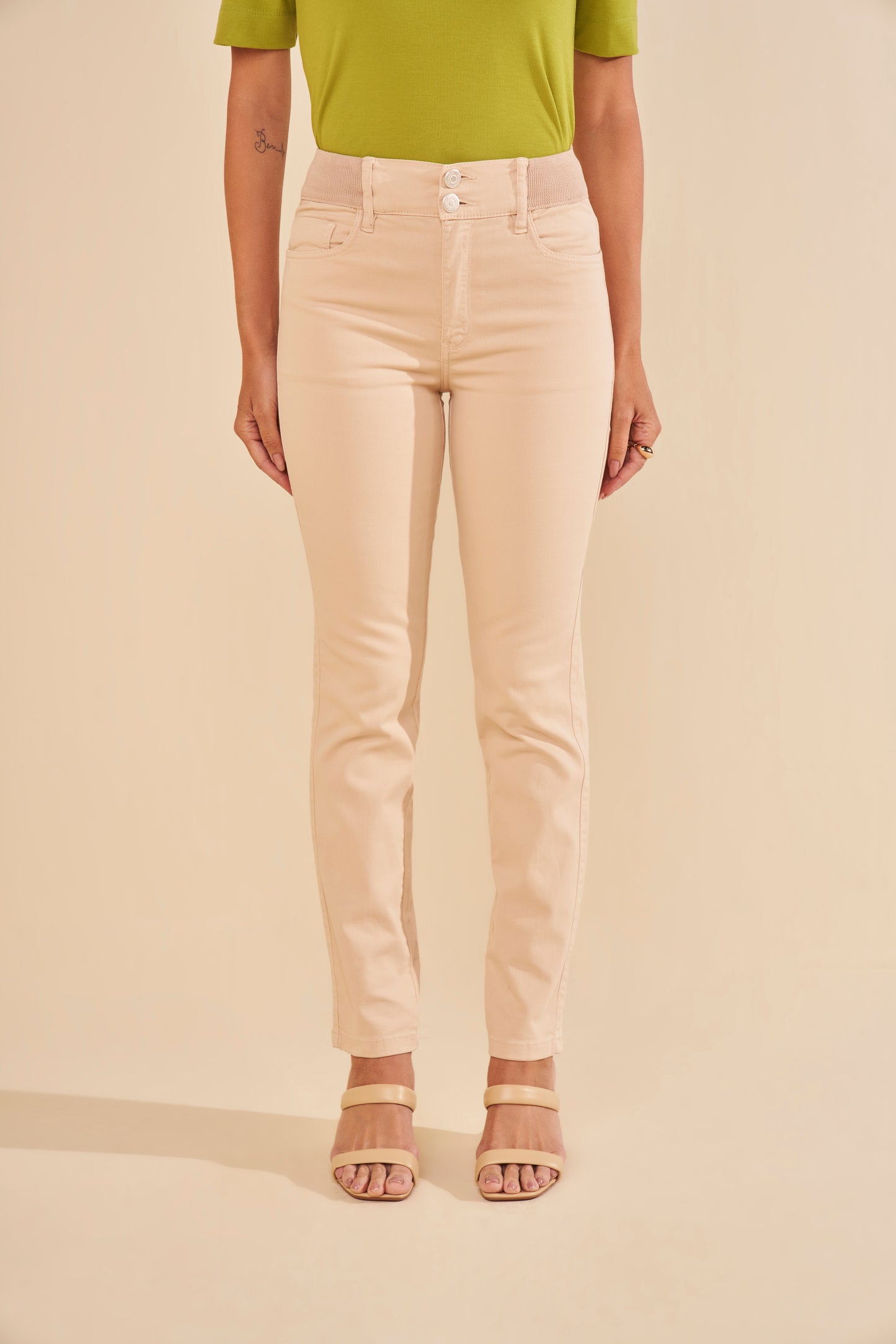 calça malha color skinny cintura intermediária cós de tricot