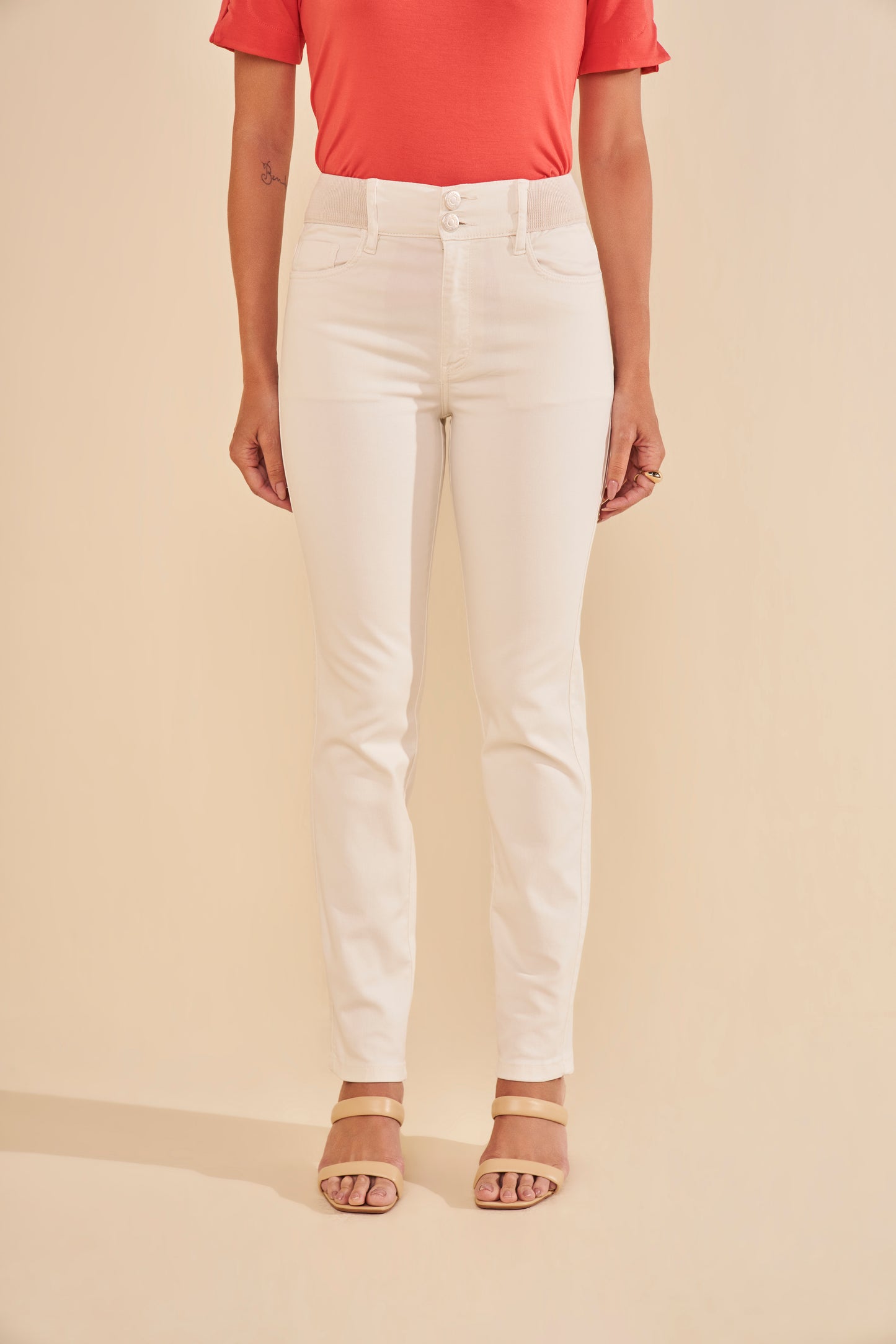 calça malha color skinny cintura intermediária cós de tricot