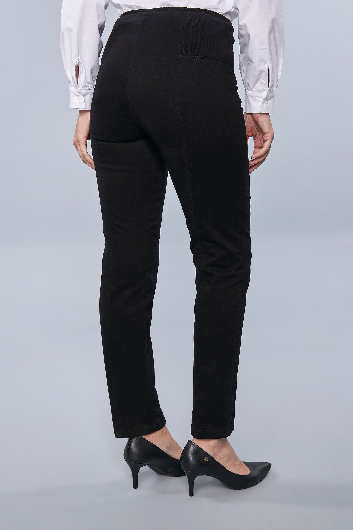 calça malha color skinny cintura intermediária cós de tricot largo