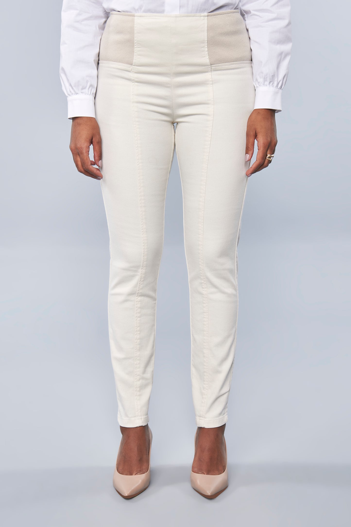 calça malha color skinny cintura intermediária cós de tricot largo