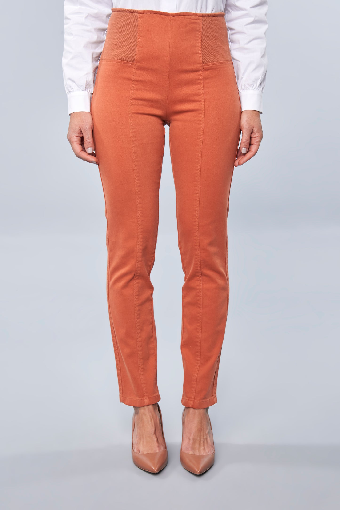 calça malha color skinny cintura intermediária cós de tricot largo
